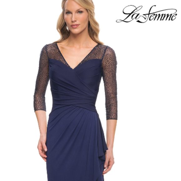 LA FEMME 3/4 SLEEVE ILLUSIONS BEADED EMBELLIHSED NAVY RUCHED GOWN sz 12 - Picture 1 of 5